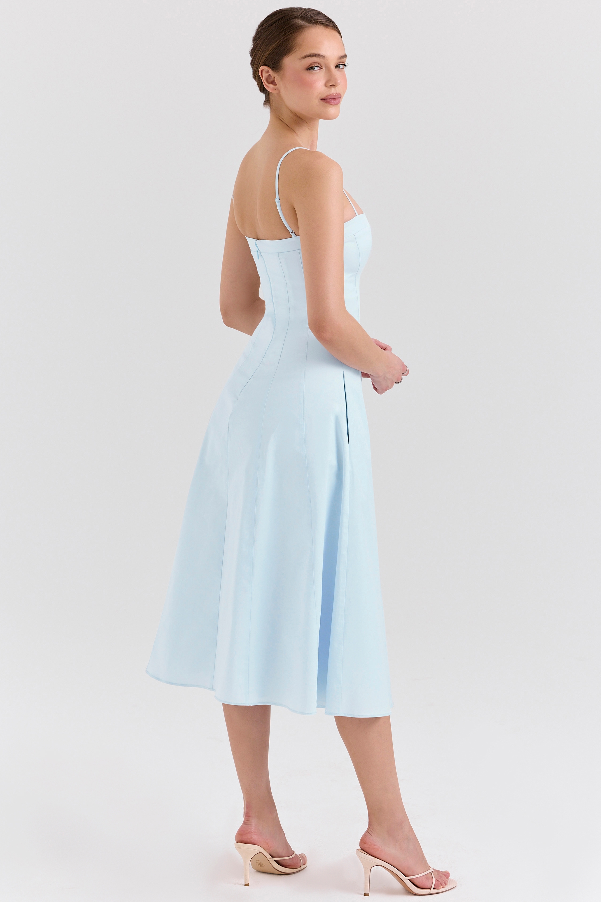 Dolly-Soft Blue Stretch Cotton A-Line Midi Sundress
