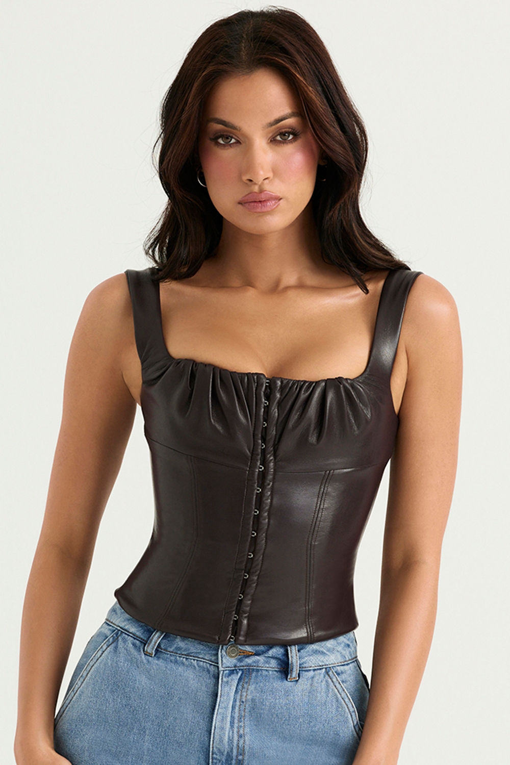 James-Bitter Chocolate Vegan Leather Corset