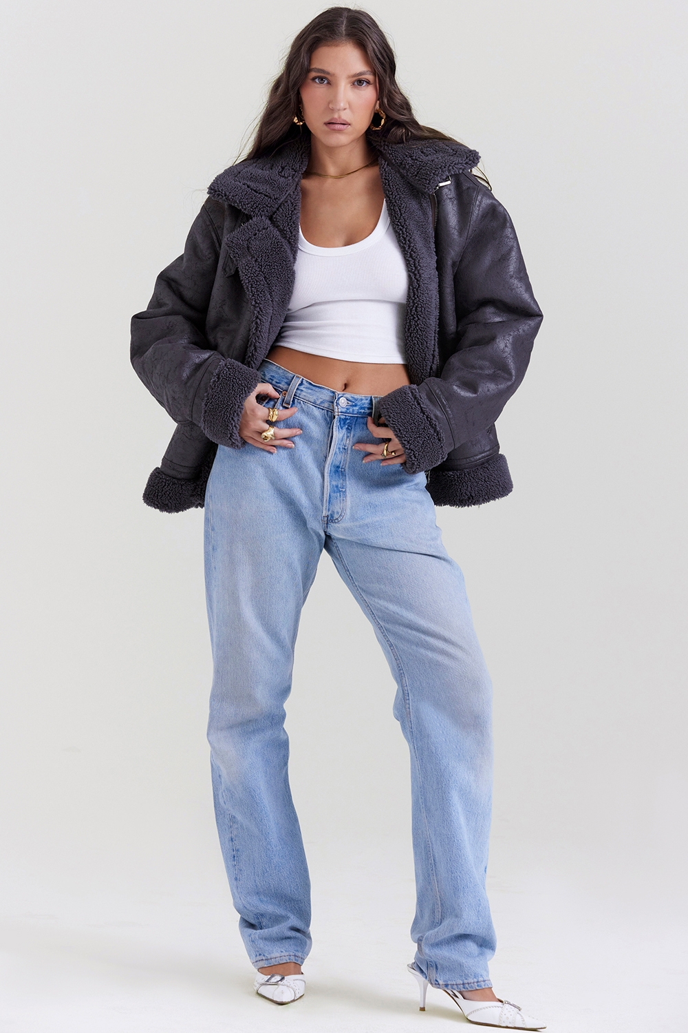 Madden-Grey Vegan Shearling Aviator Jacket