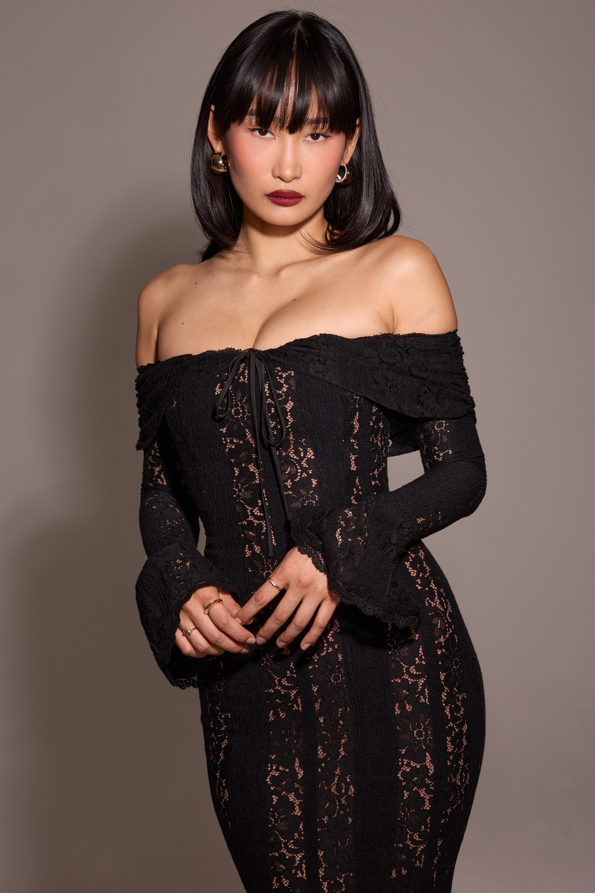 Belle-Black Off Shoulder Floral Lace Maxi Dress