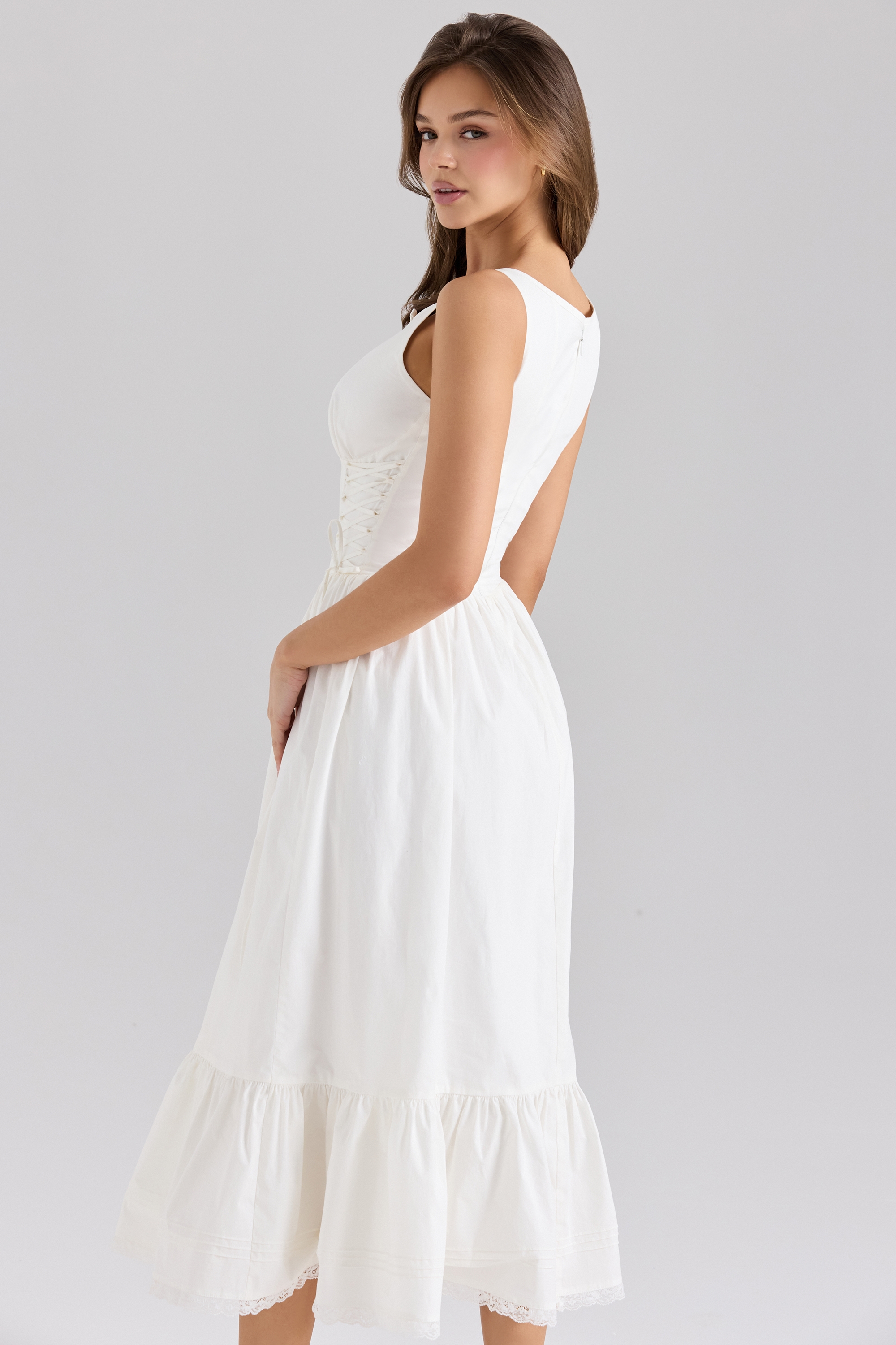 Sienna-White Stretch Cotton Lace Up Midi Dress
