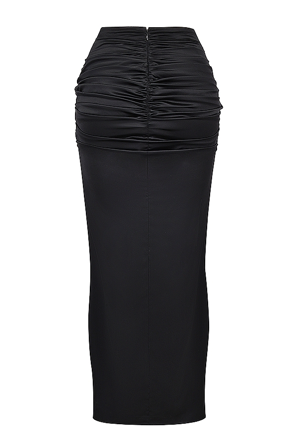 Arla-Black Draped Silk Maxi Skirt