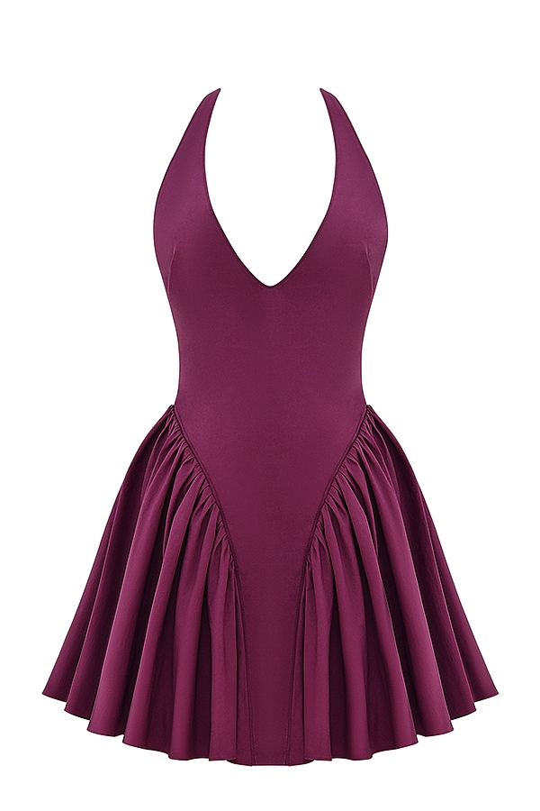 Valentia-Wine Halter Mini Dress