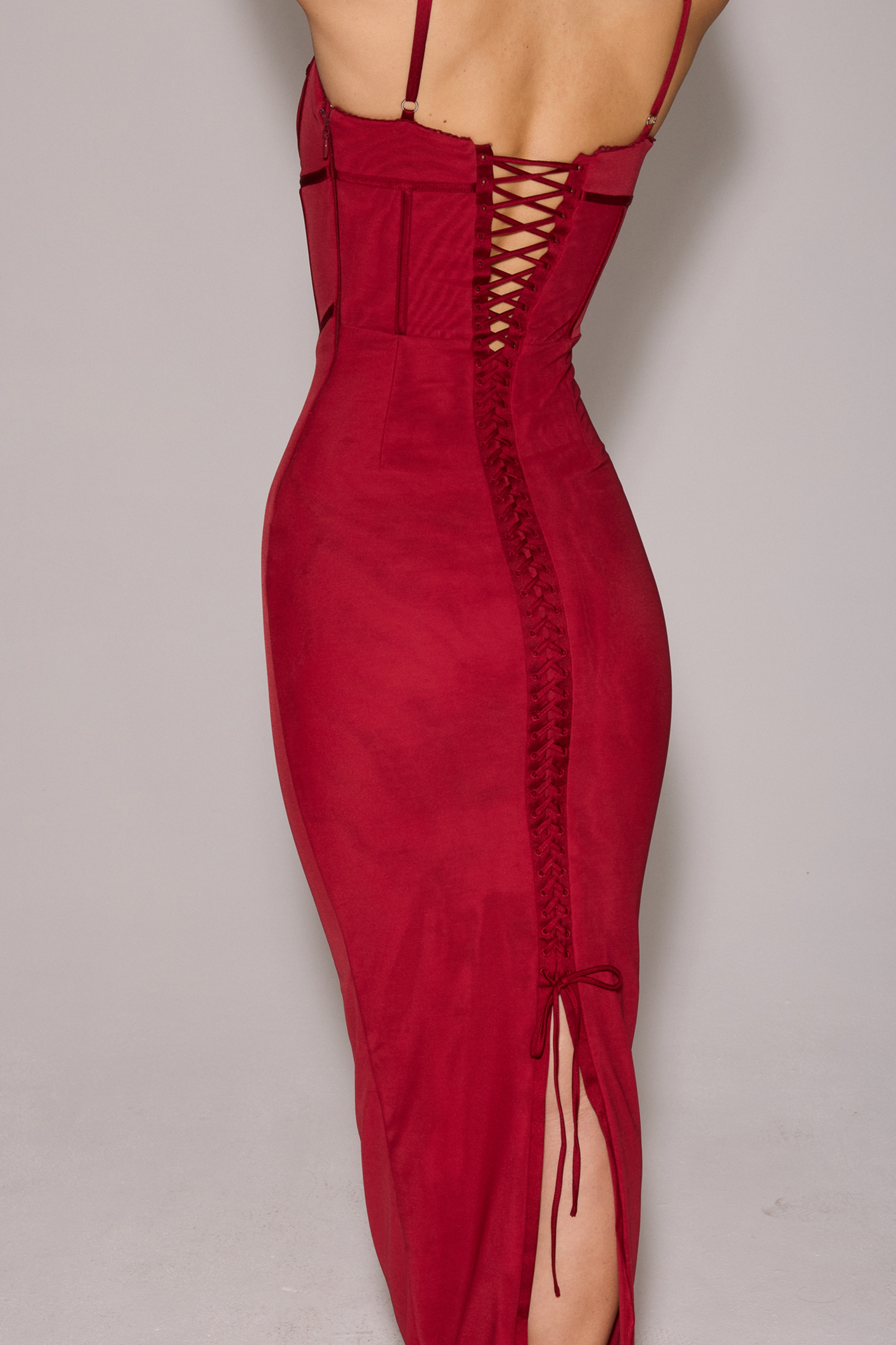 Romy-Wine Mesh Bodycon Maxi Dress