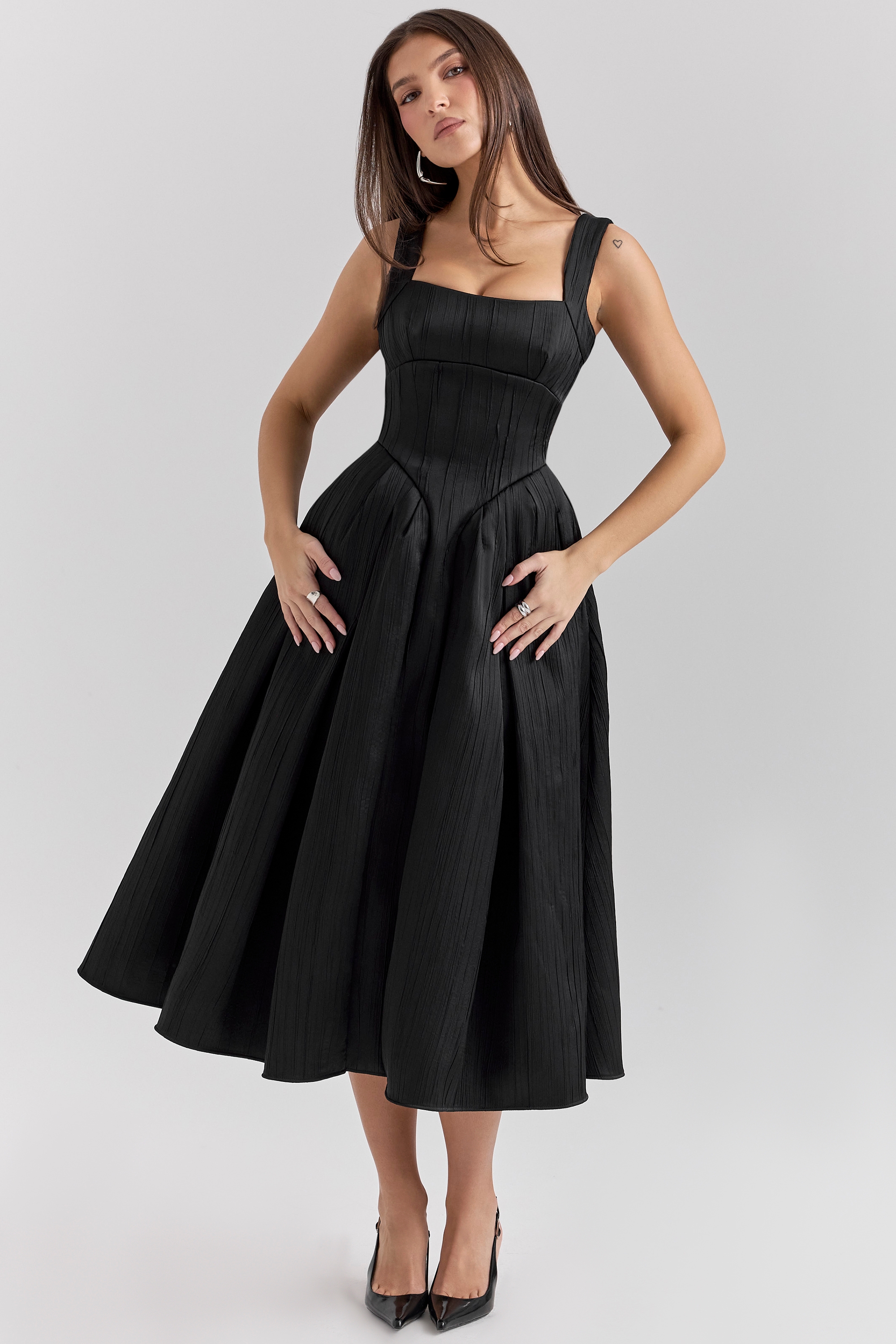 Isabeau-Black Textured Satin Corset Midi Dress