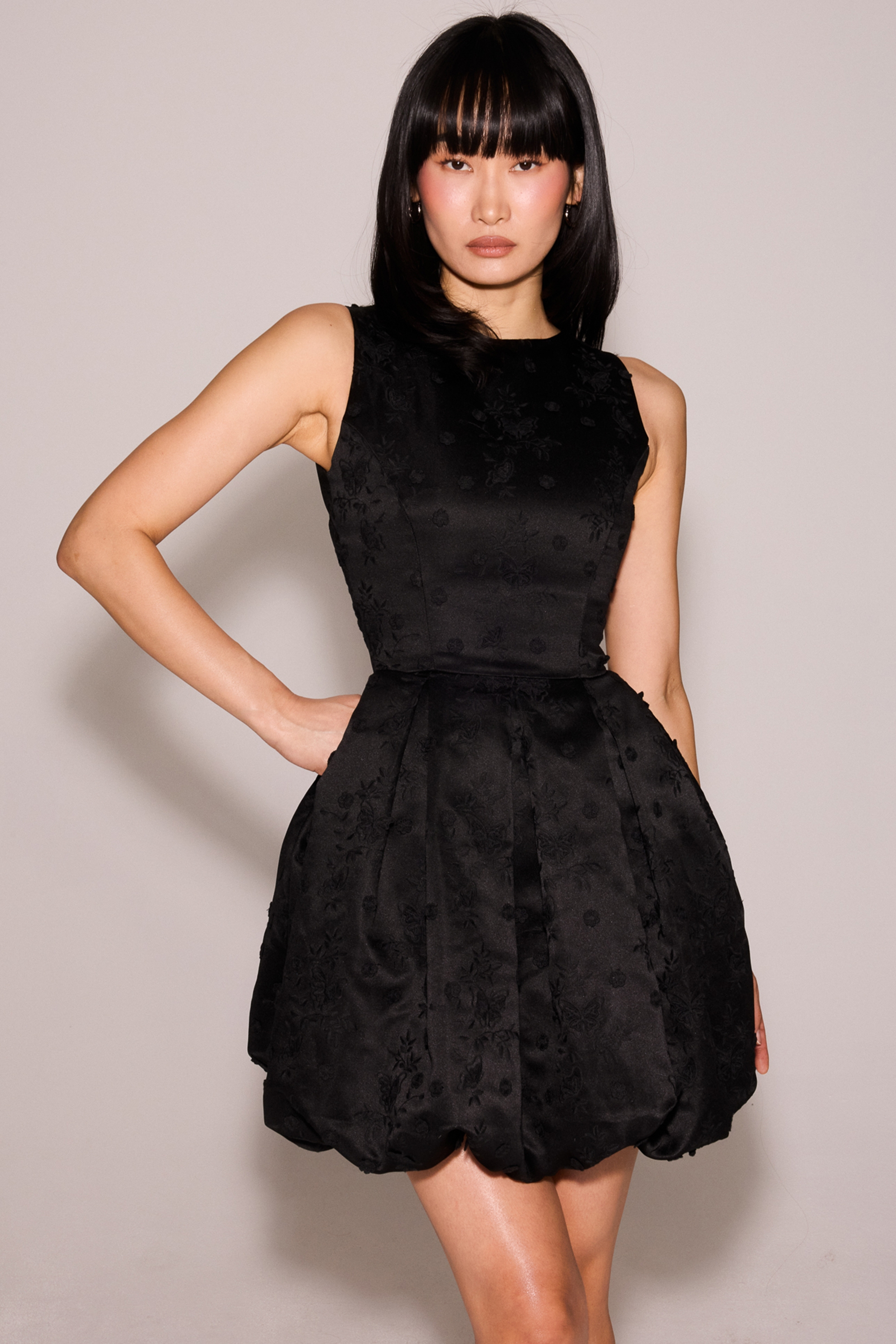 Melika-Black Backless Embroidered Mini Puffball Dress