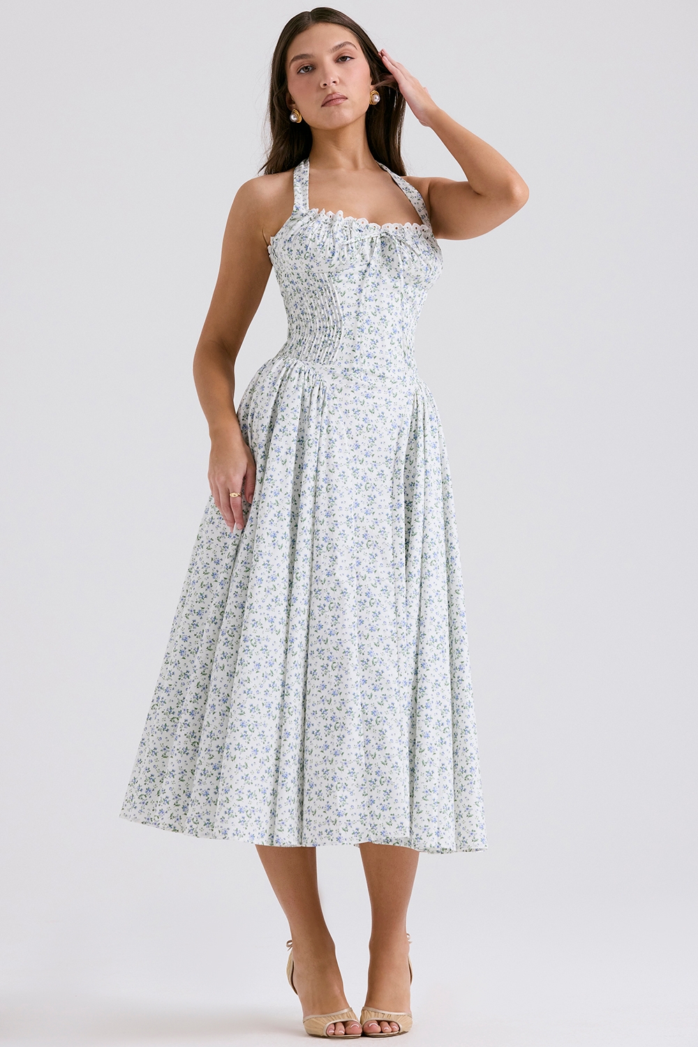 Adabella-White Bluebell Print Cotton Halter Sundress
