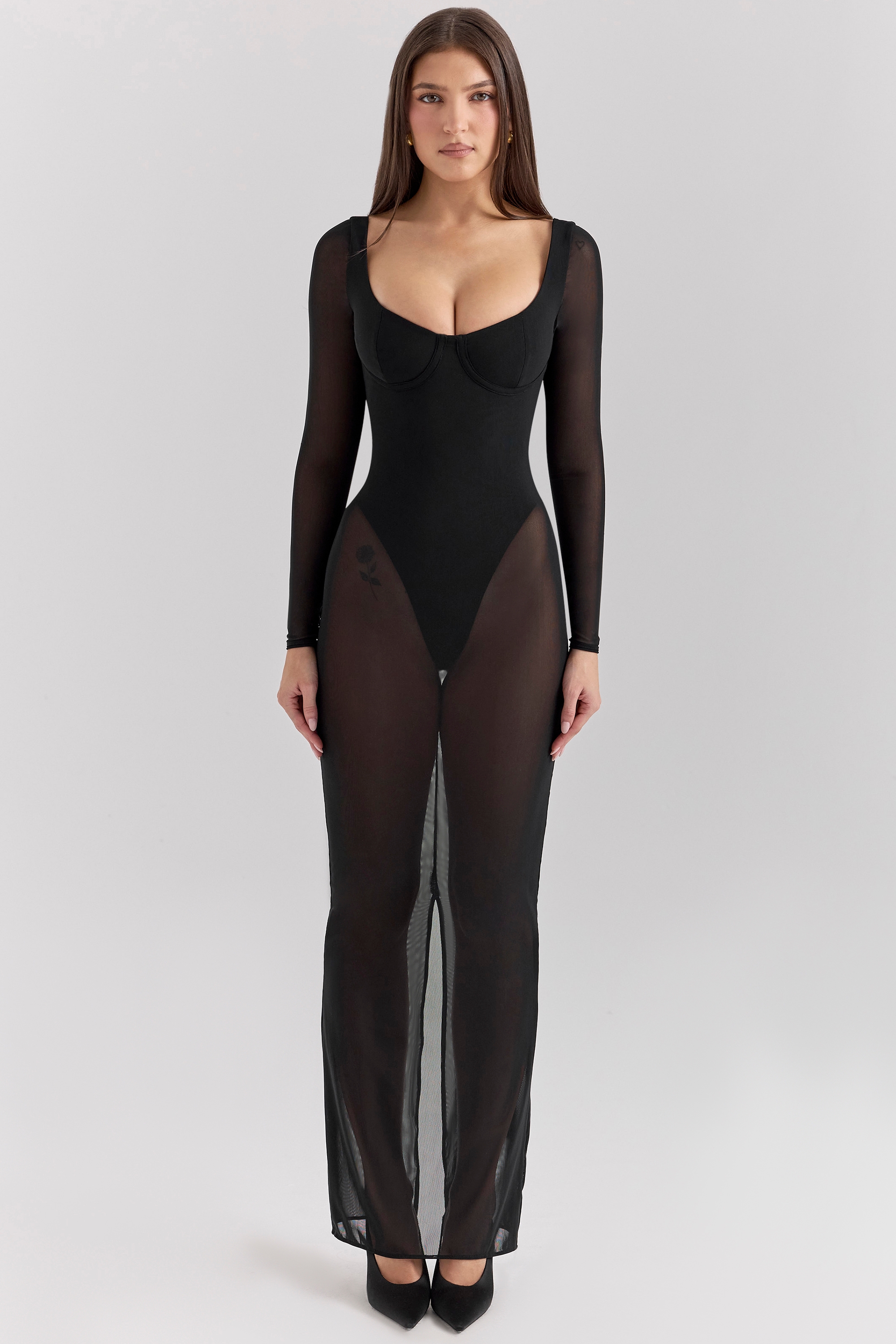 Everly-Black Mesh Maxi Dress with Bodysuit