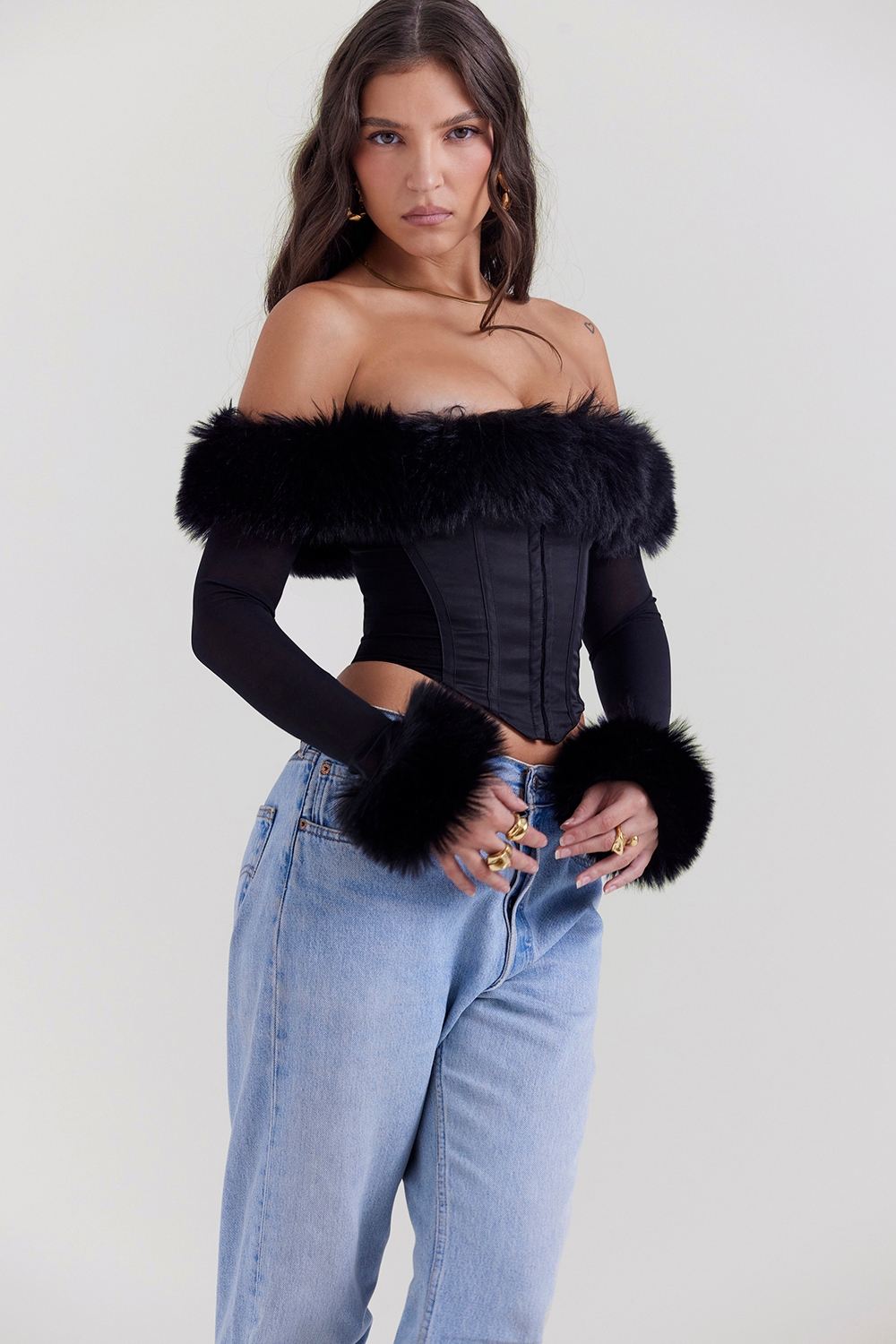 Merle-Black Faux Fur Trim Corset