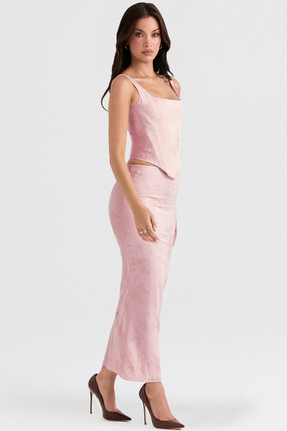 Luisette-Pink Metallic Floral Satin Midi Skirt