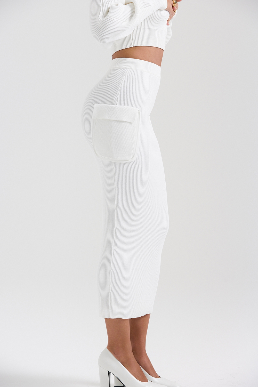 Maeve-White Ribbed Knit Cargo Skirt - SALE