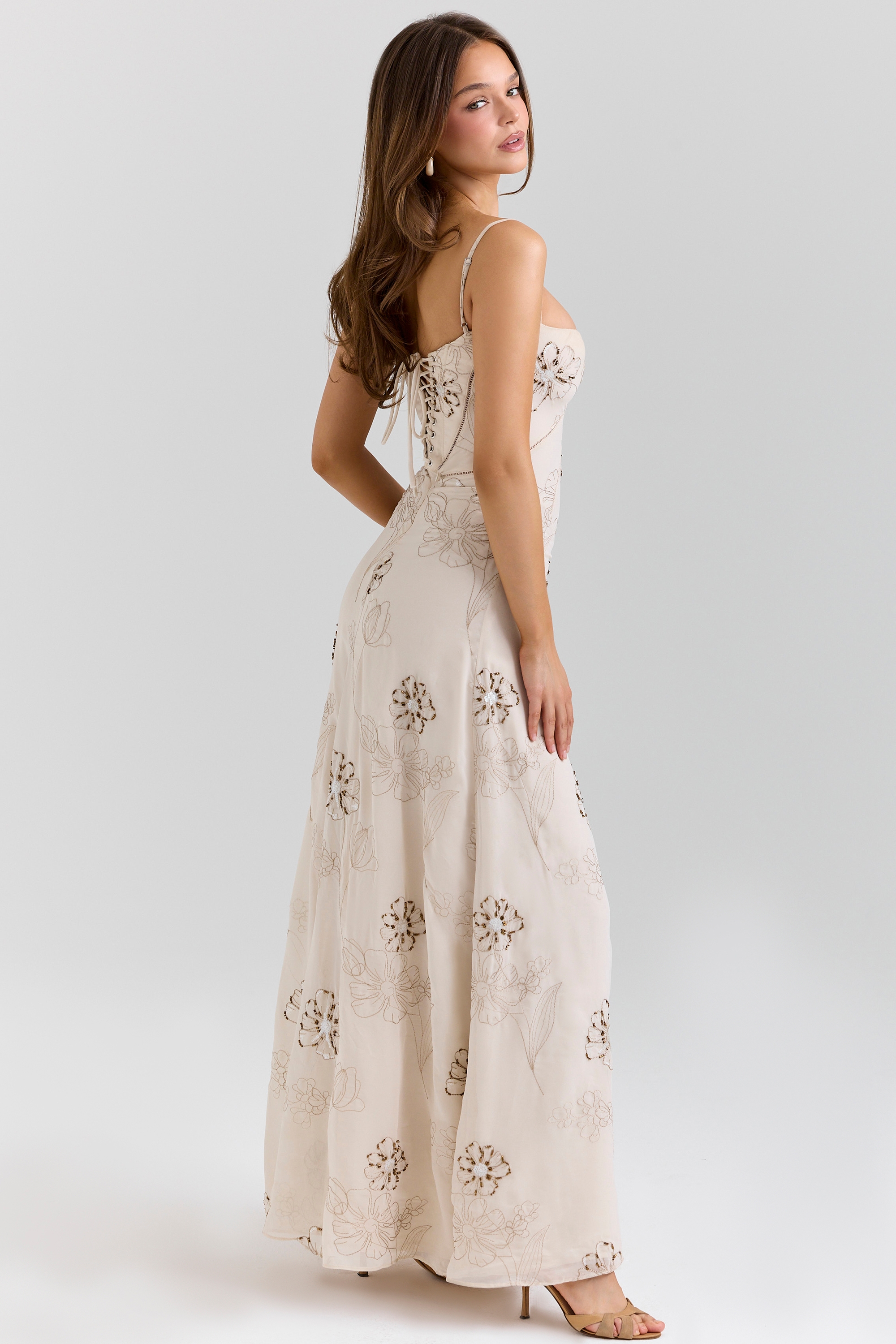 Seren-Vanilla Embroidered Hand Beaded Floral Maxi Dress