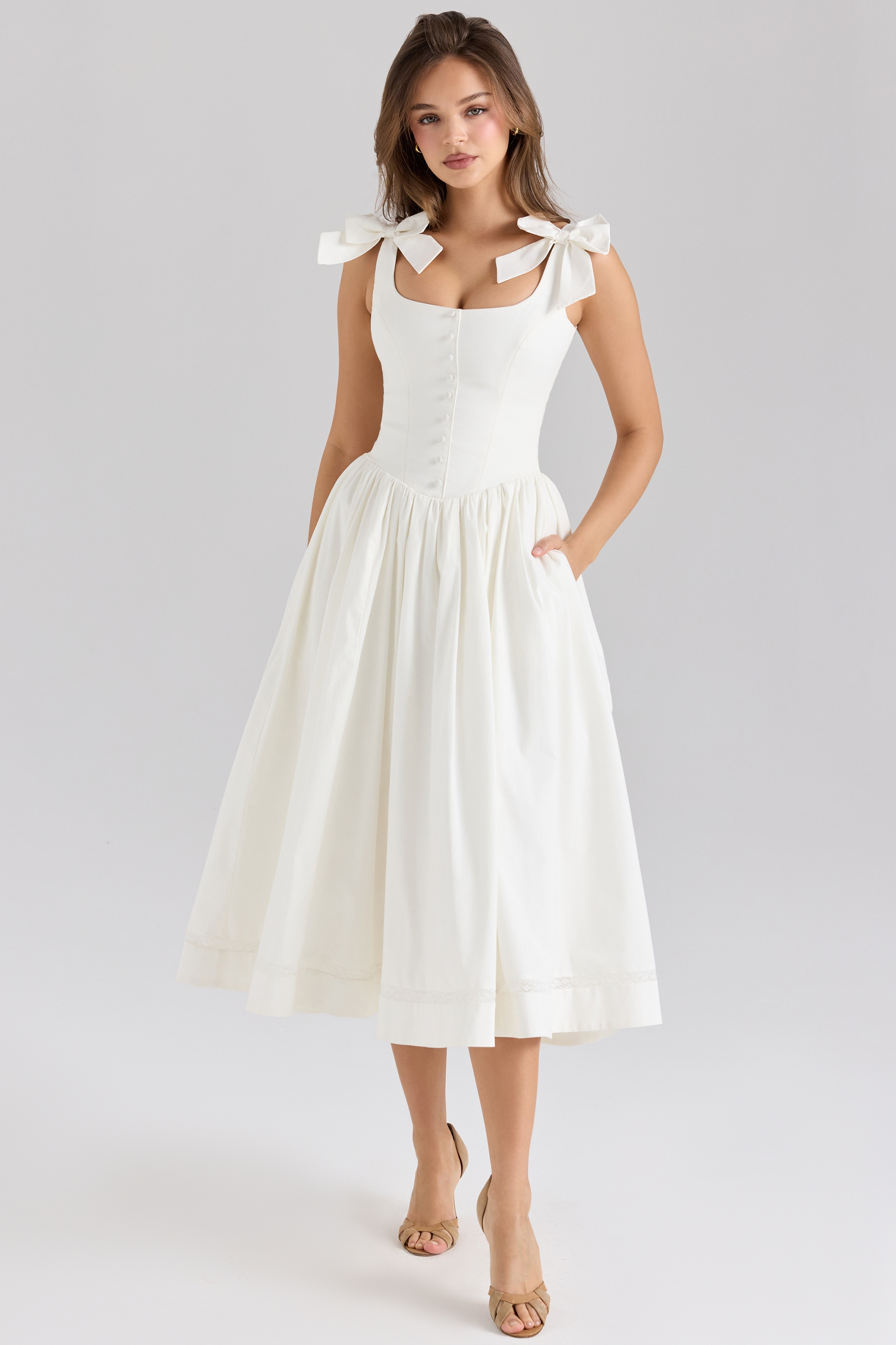 Lillia-White Stretch Cotton Bow Midi Dress