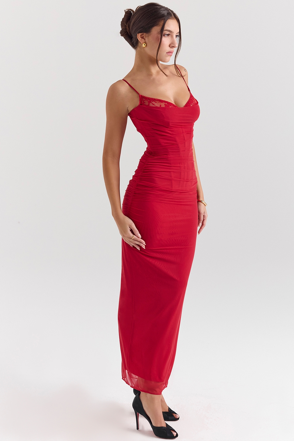 Nalini-Holly Red Stretch Mesh Corset Maxi Dress