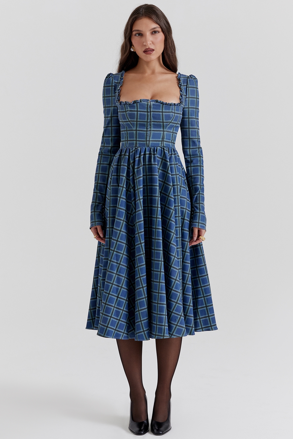 Delia-Blue Tartan Midi Dress