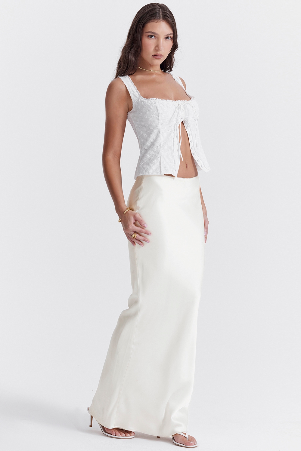 Sydel-White Satin Bias Cut Maxi Skirt
