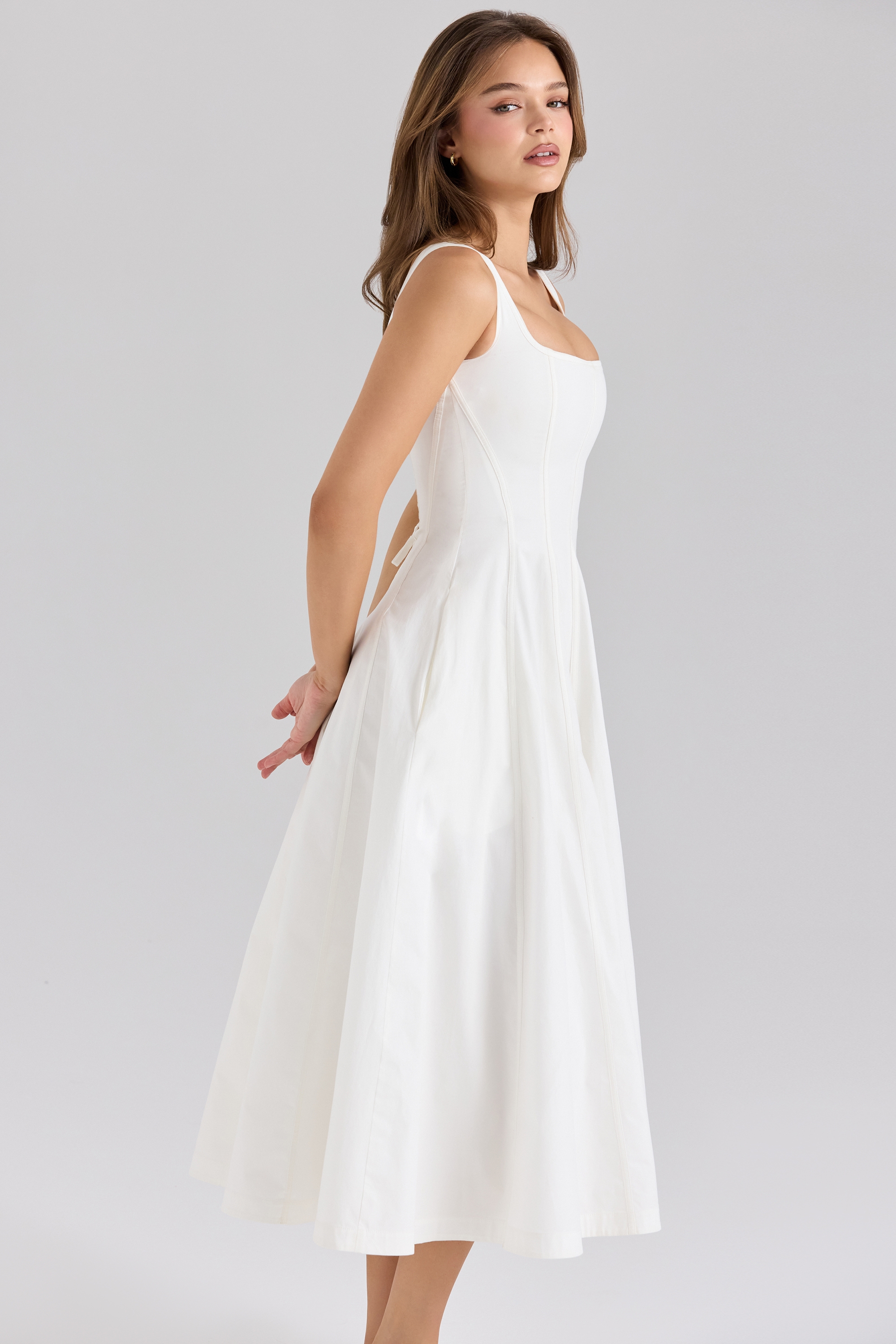 Mariabella-White Stretch Cotton Midi Sundress