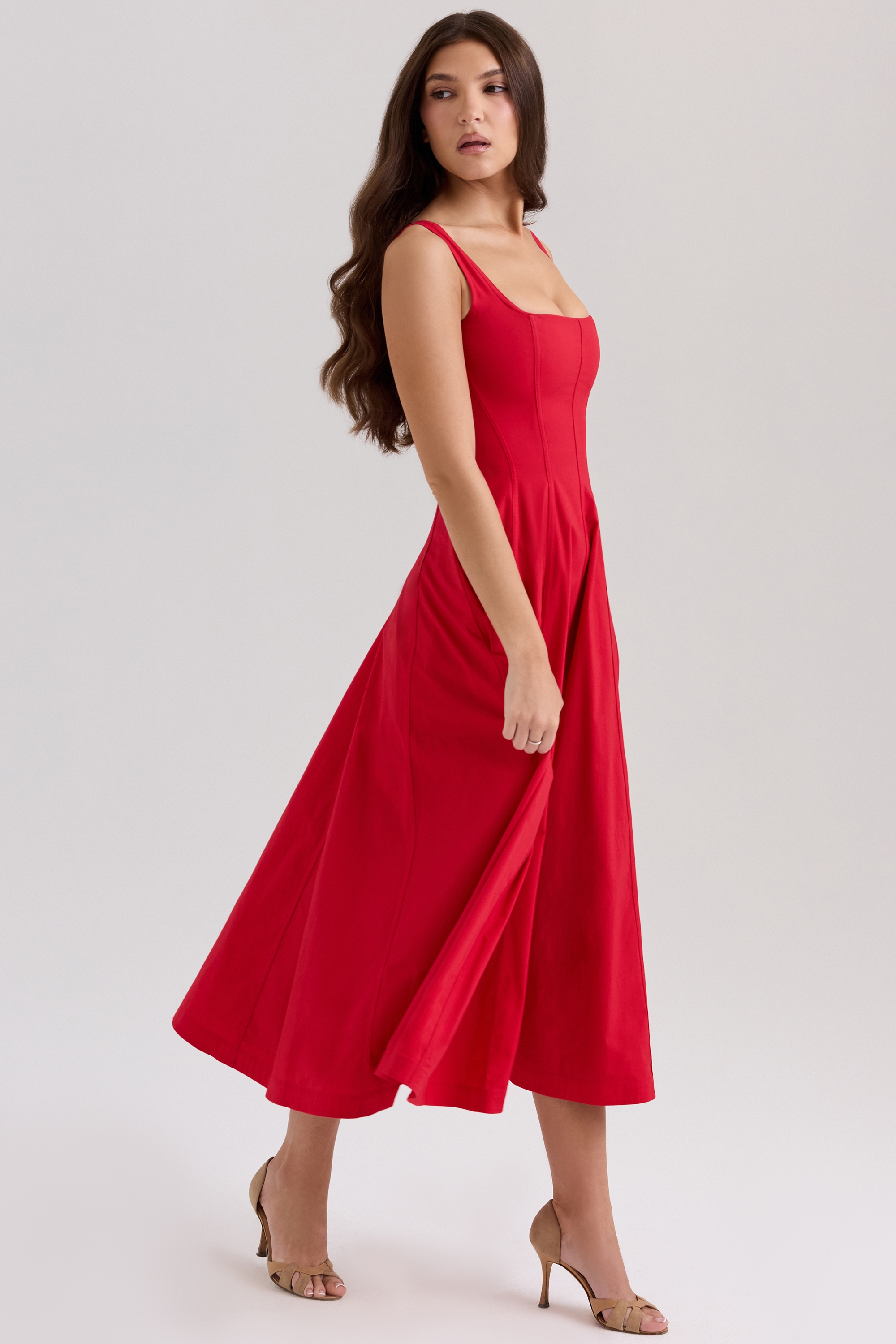 Mariabella-Red Stretch Cotton Midi Sundress