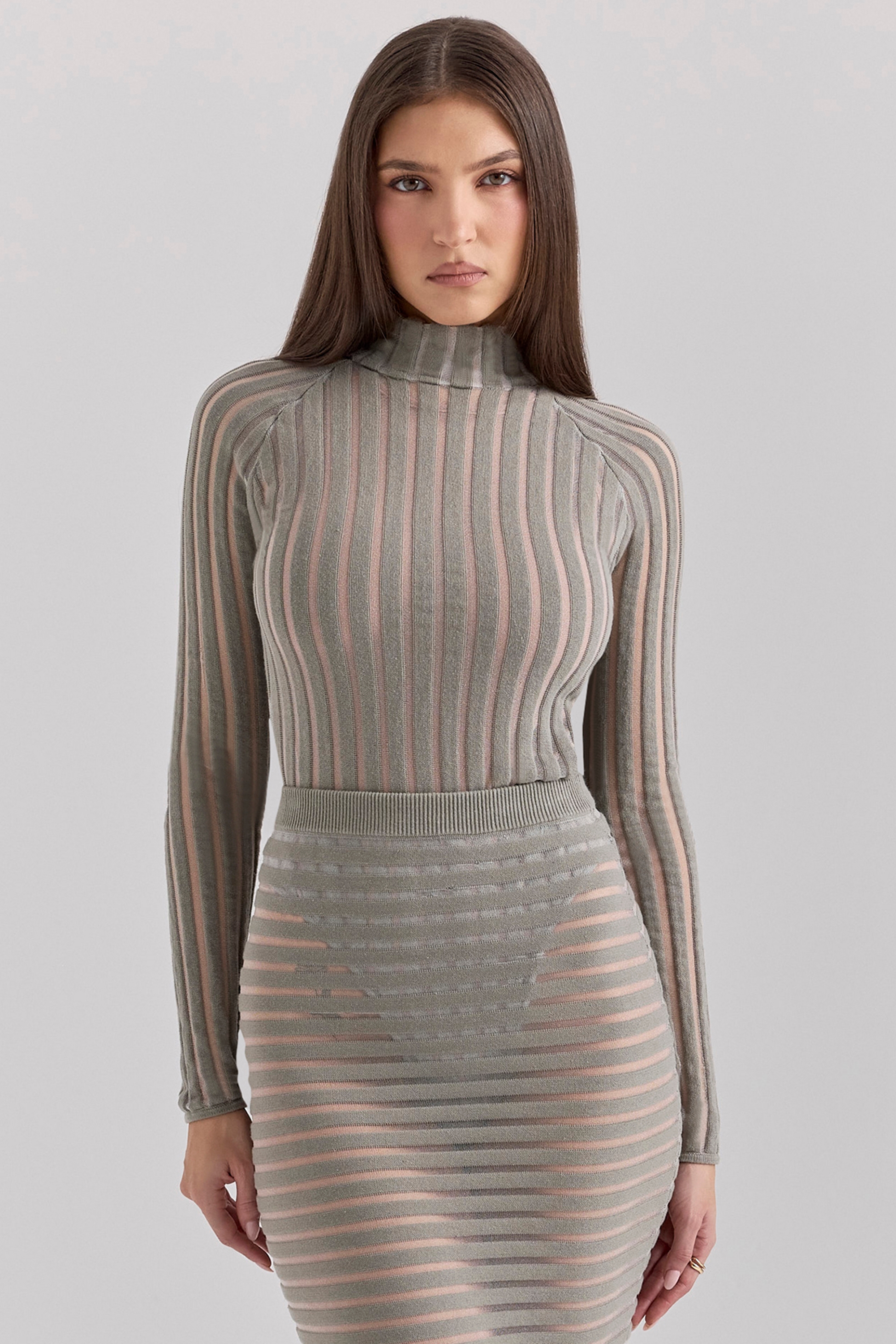 Rowena-Grey Velour Sheer Striped Bodysuit