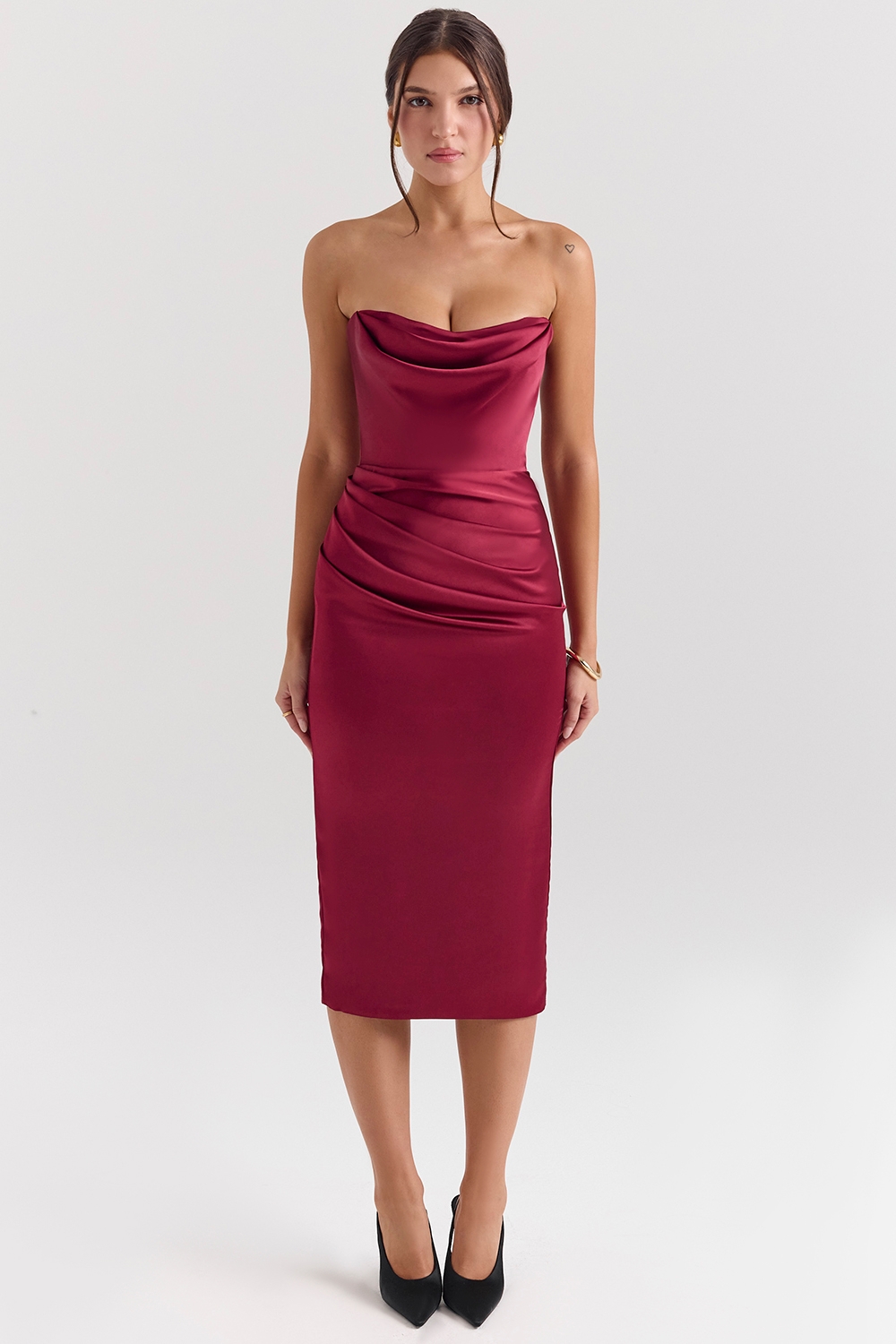 Santana-Berry Satin Strapless Midi Dress