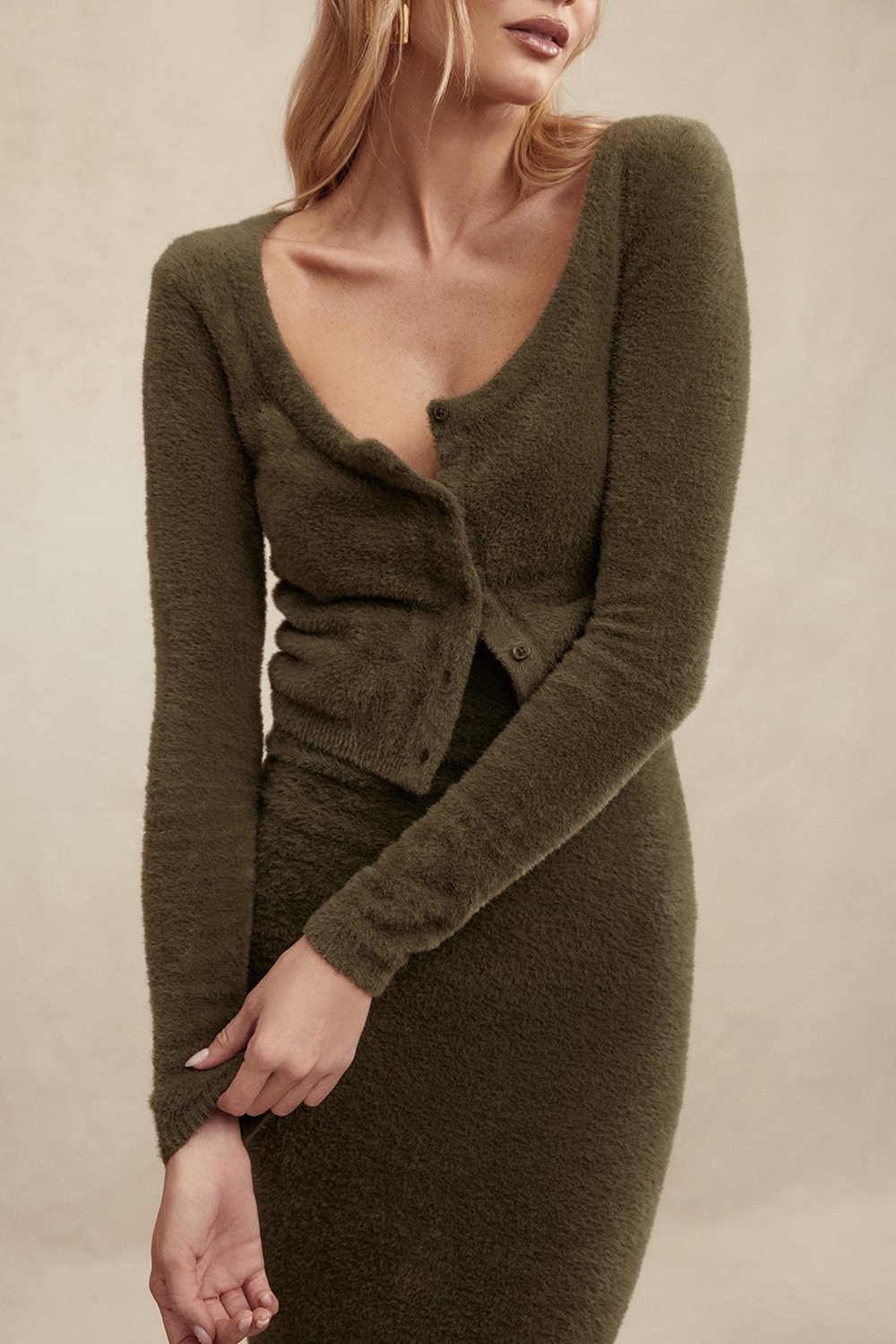 Gene-Khaki Soft Fluffy Knit Cardigan - SALE