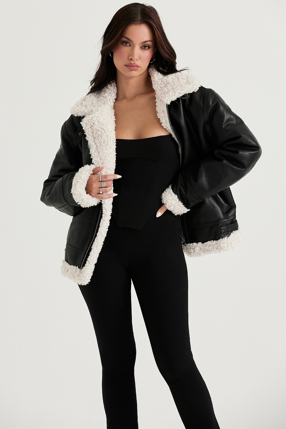Madden-Black Vegan Shearling Aviator Jacket