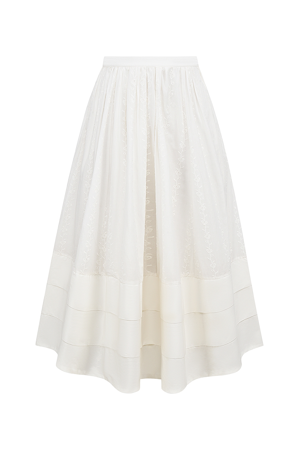 Augustine-White Embroidered Cotton Midi Skirt