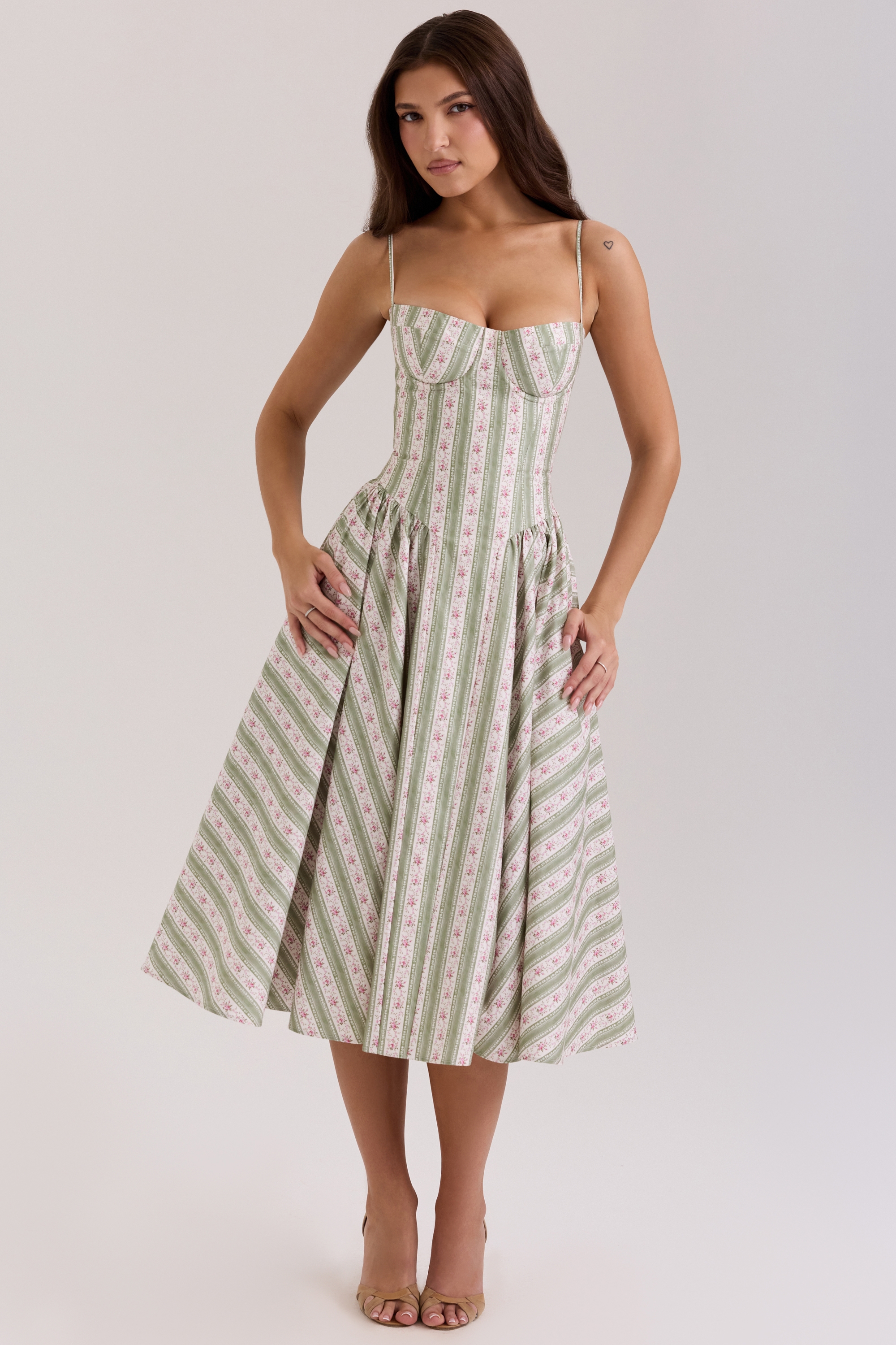 Samaria-Sage Striped Floral Print Cotton Midi Dress