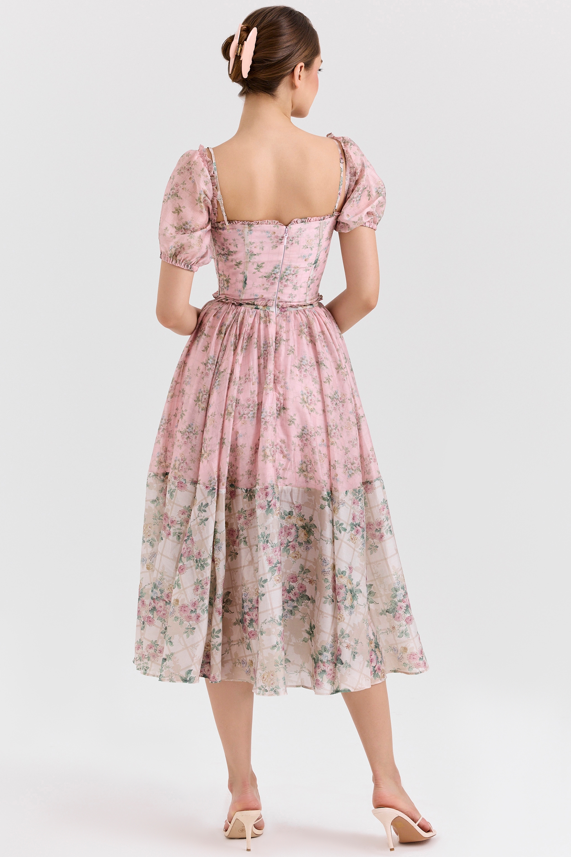 Penelope-Pink Floral Chiffon Midi Dress
