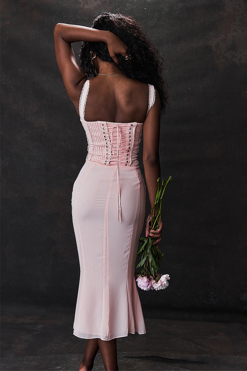 Syrah-Soft Peach Lace Back Midi Dress