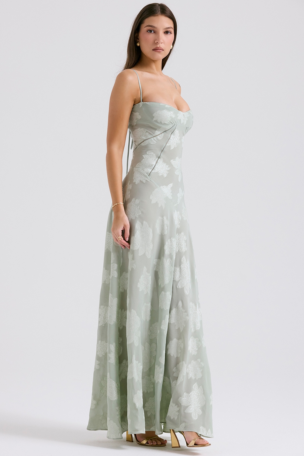 Seren-Pistachio Floral Lace Back Maxi Dress