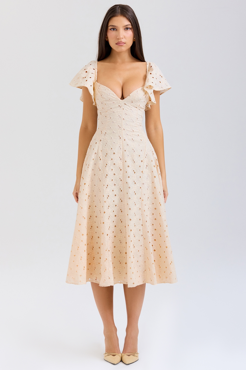 Amaya-Cream Tea Broderie Anglais Midi Dress