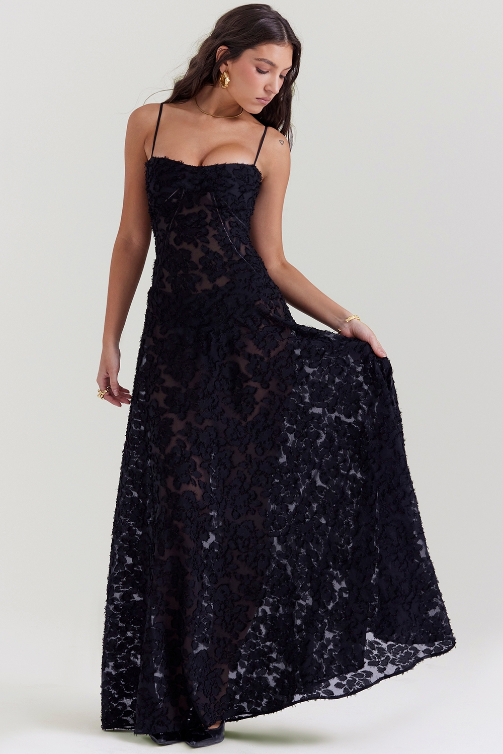 Seren-Black Floral Lace Back Maxi Dress
