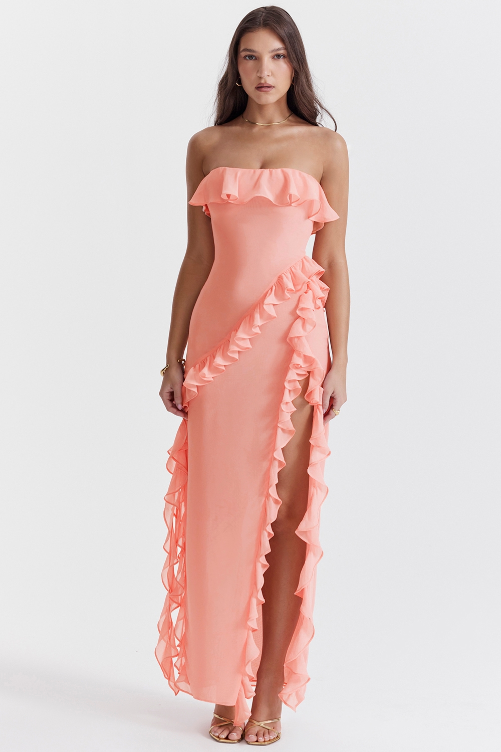 Sarina-Apricot Ruffle Maxi Dress