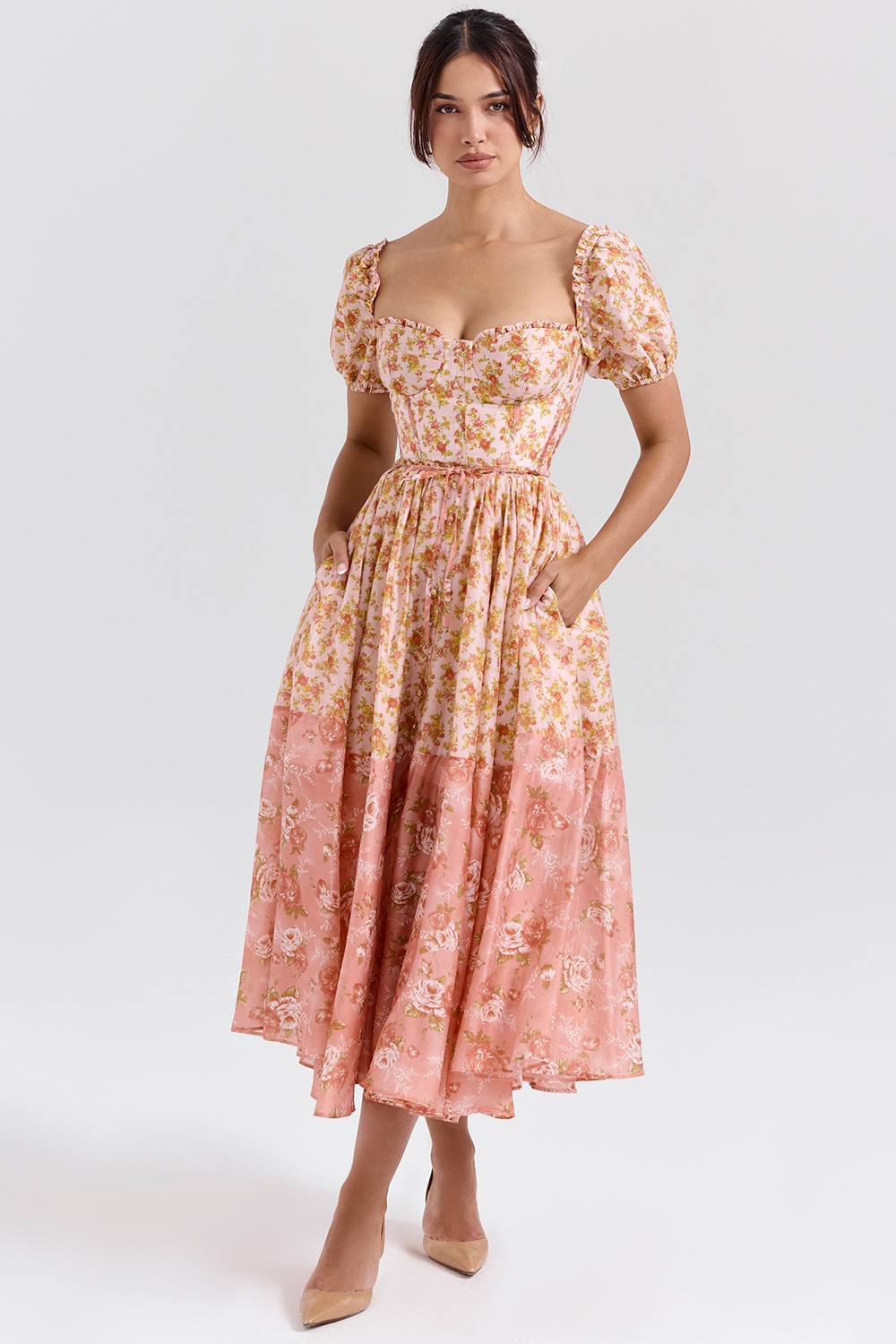 Penelope-Peach Poppy Print Puff Sleeve Midi Sundress