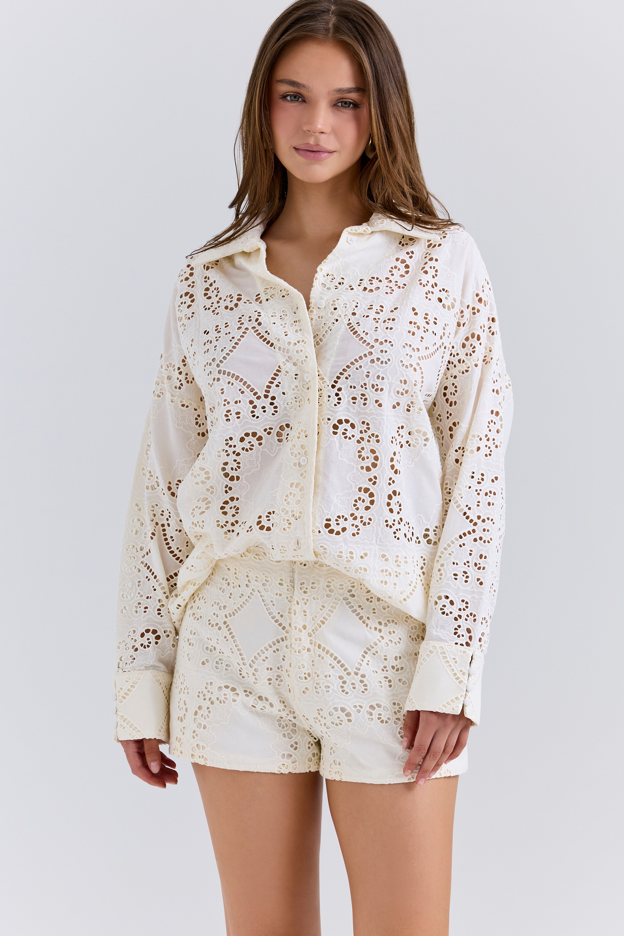 Eman-White Cotton Broderie Anglaise Shorts