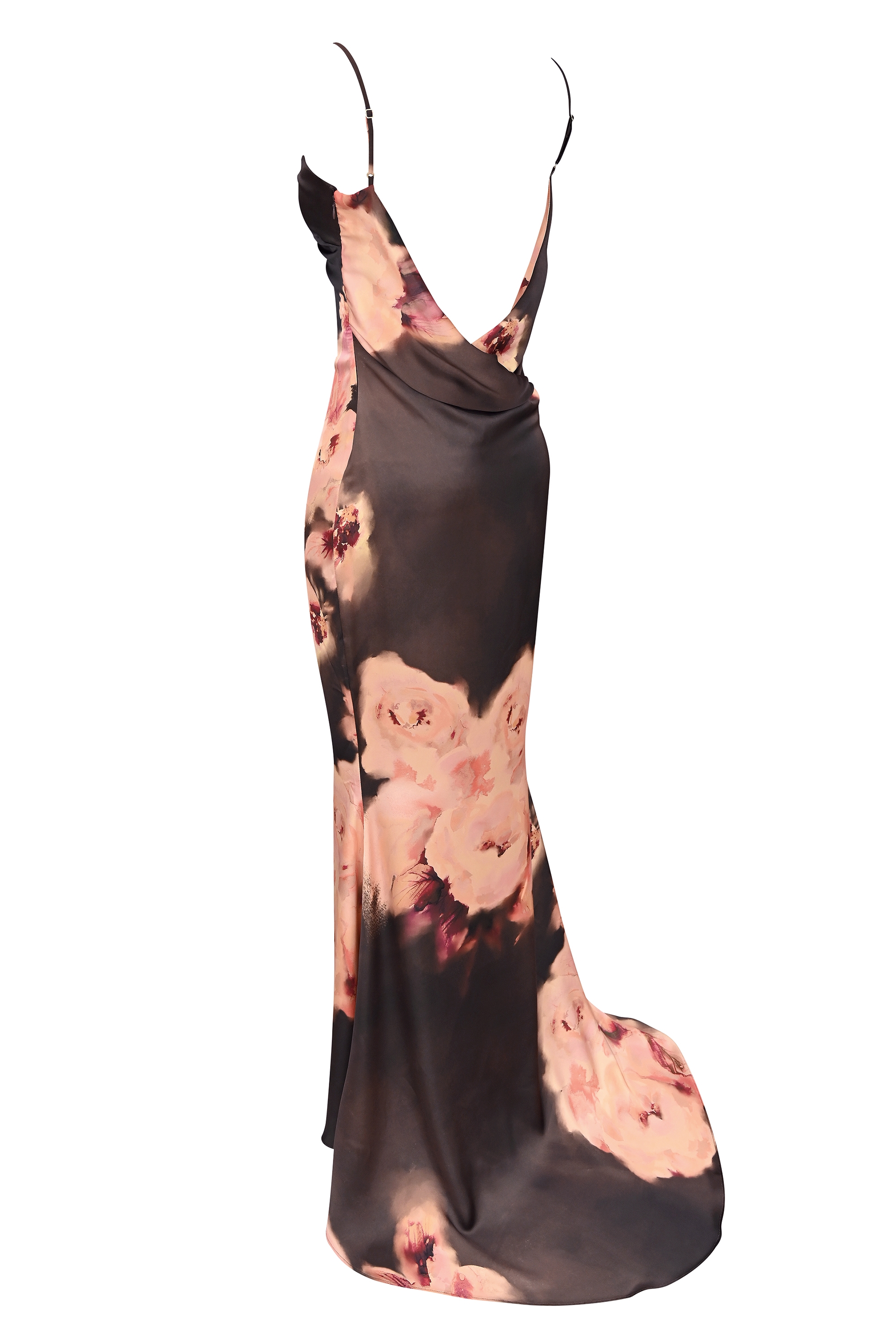 Mariamma-Dark Brown Floral Printed Satin Maxi Dress