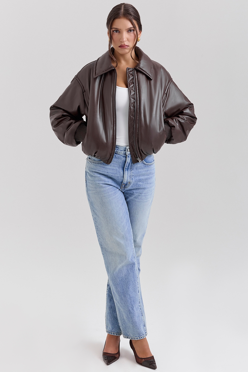 Sante-Dark Brown Vegan Leather Bomber Jacket