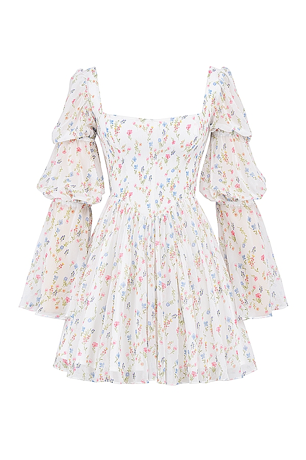 Sancia-White Posy Print Puff Sleeve Mini Dress