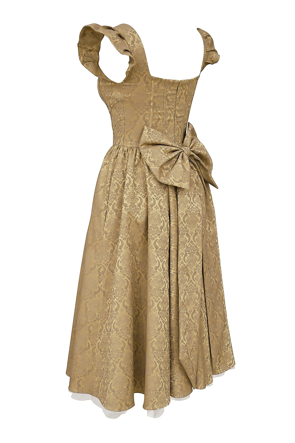 Alessandra-Gold Jacquard Midi Dress with Detachable Bow - SALE