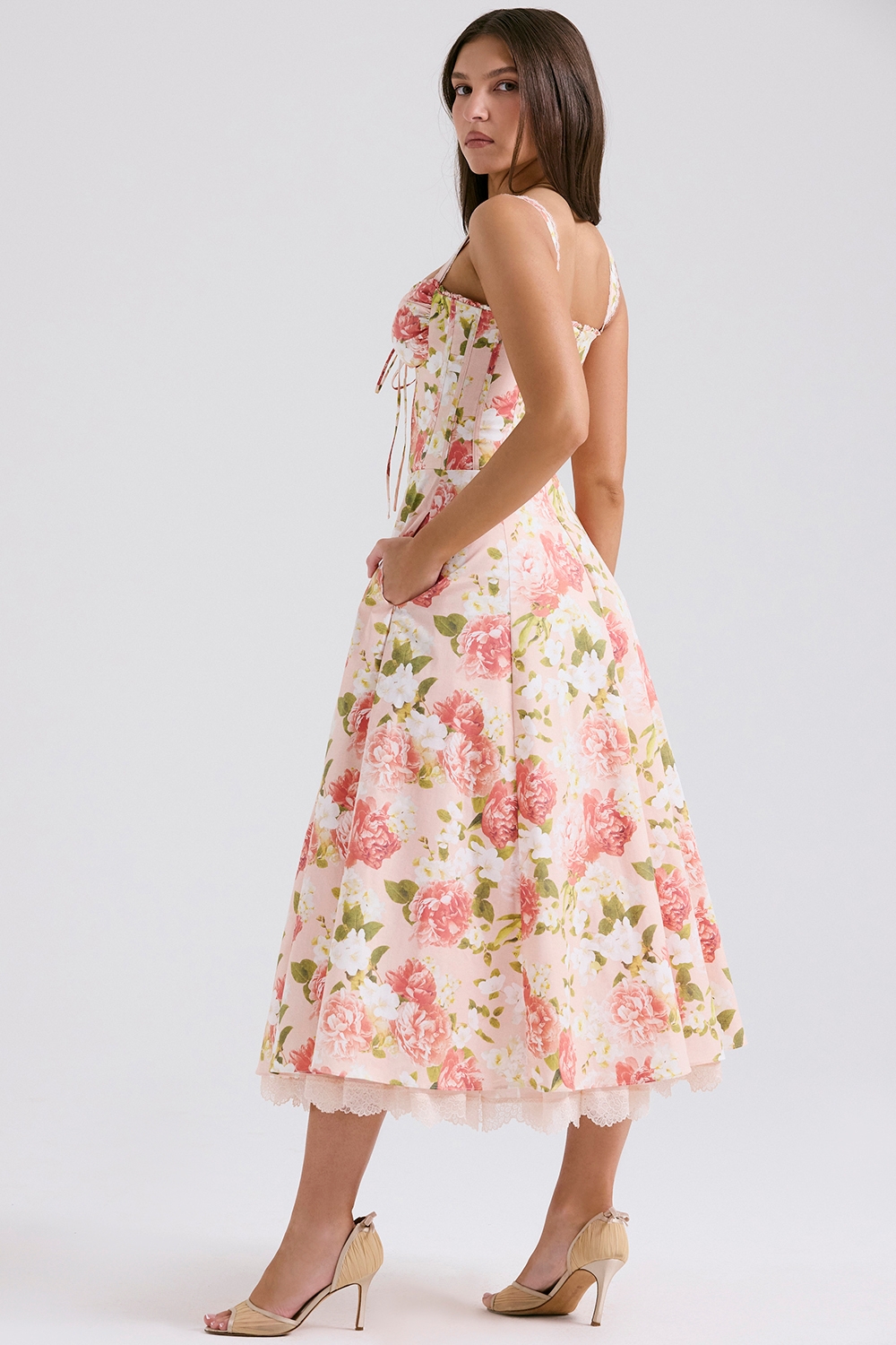 Rosalee-Pink Peony Print Cotton Bustier Sundress