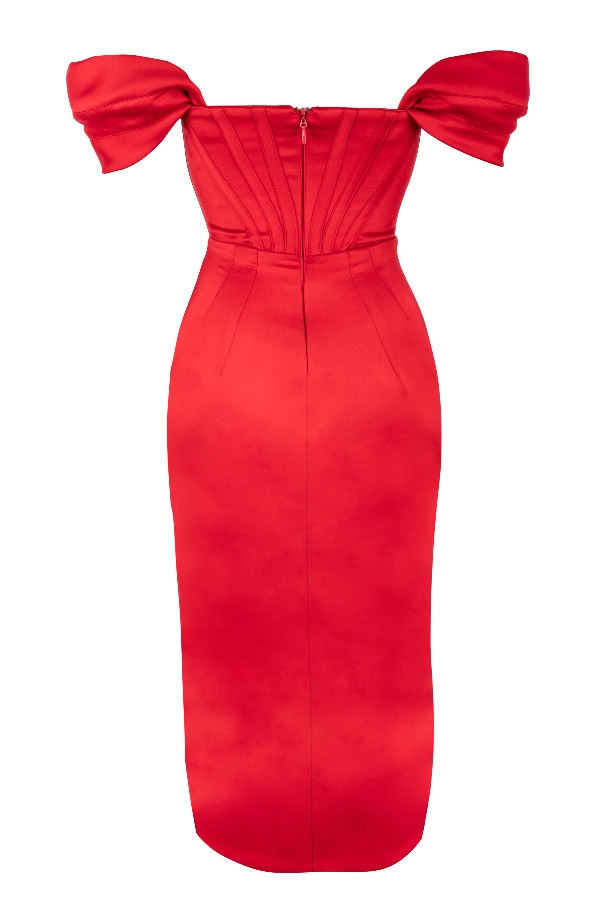 Loretta-Red Satin Off Shoulder Dress
