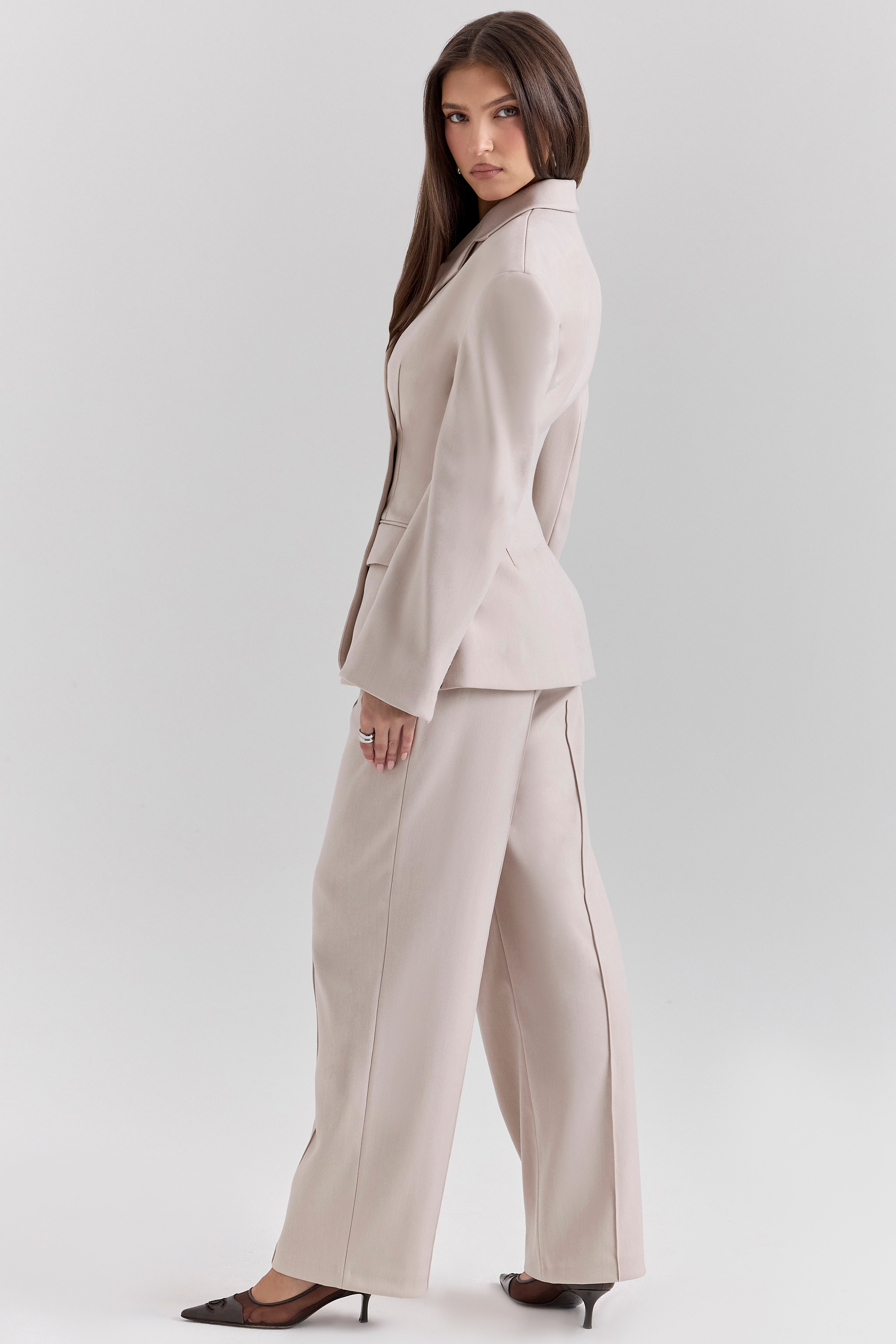 Hayden-Beige High Waist Tailored Trousers