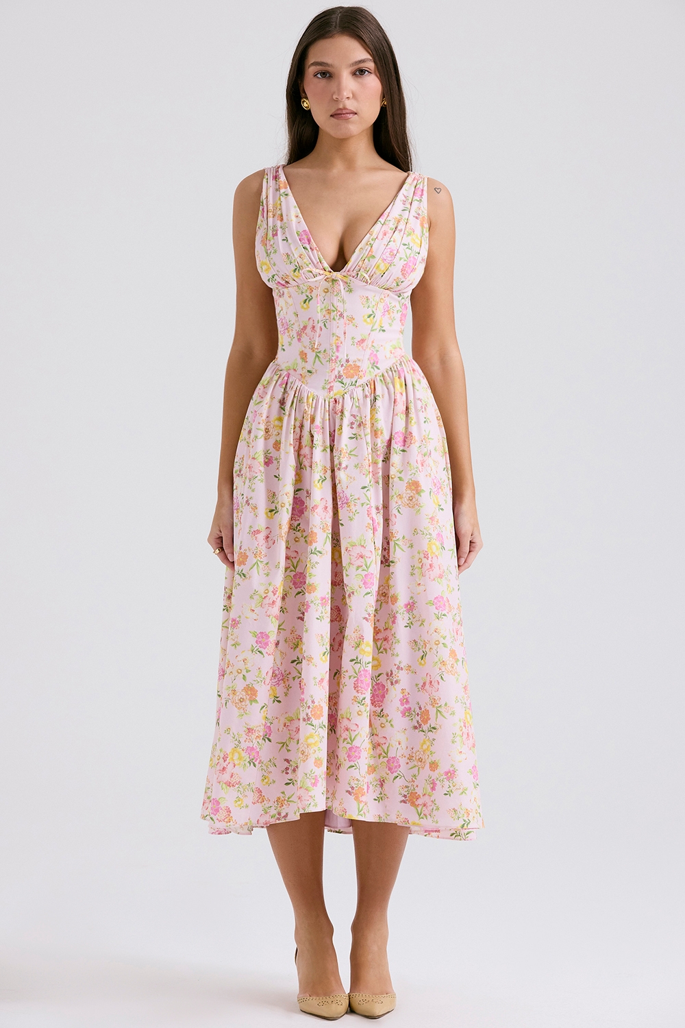 Emmelina-Pink Meadow Print Cotton Corset Sundress