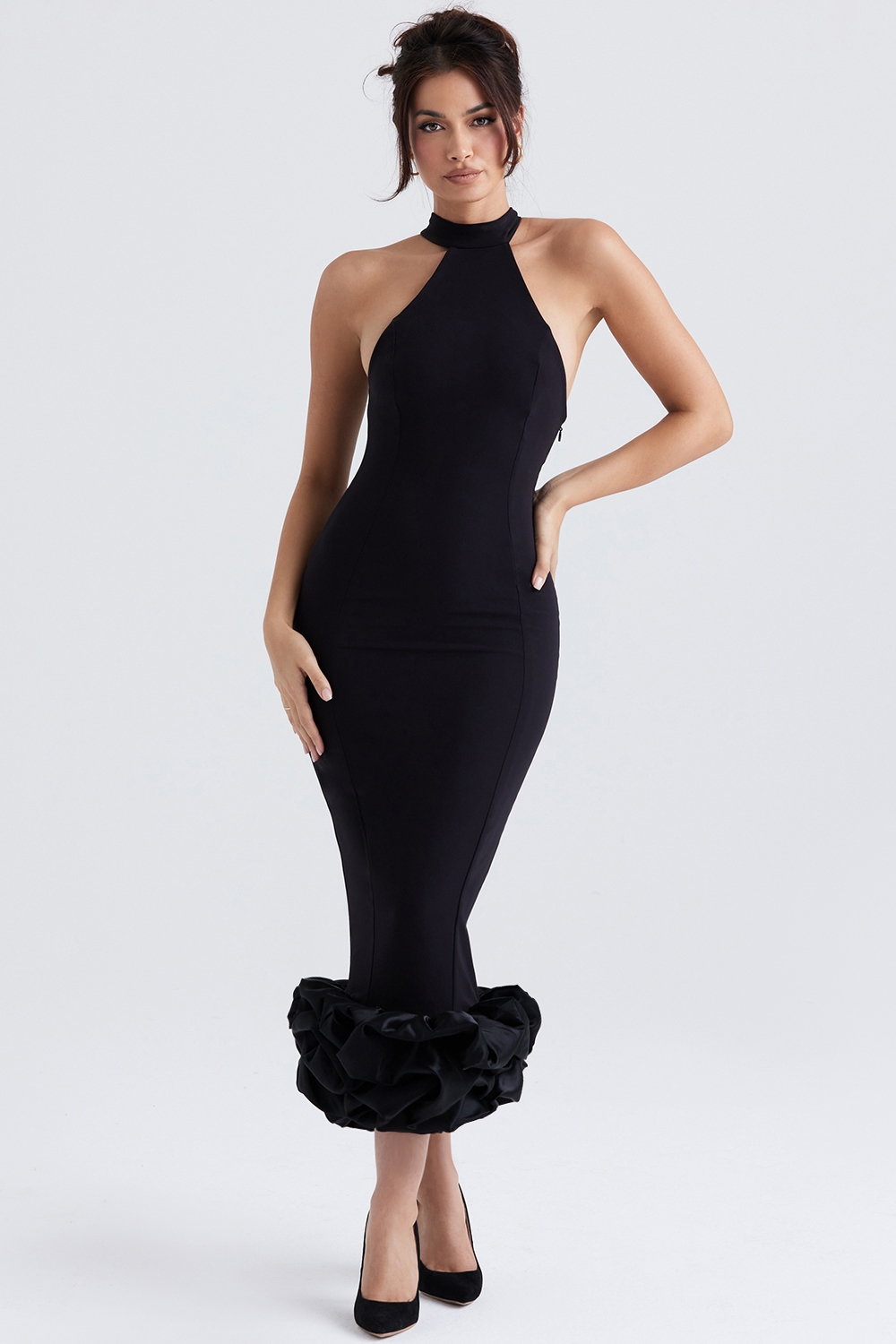 Juniper-Black Peplum Midi Dress