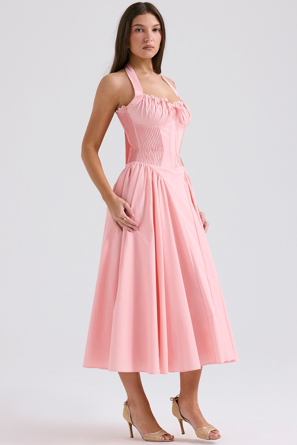 Adabella-Rose Pink Cotton Halter Midi Sundress
