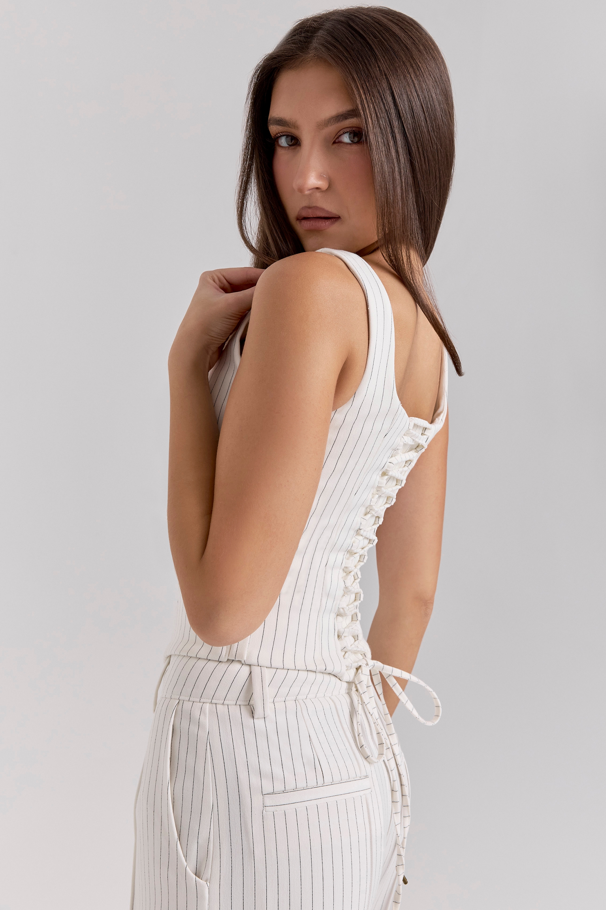 Selma-White Pinstripe Boned Corset Top