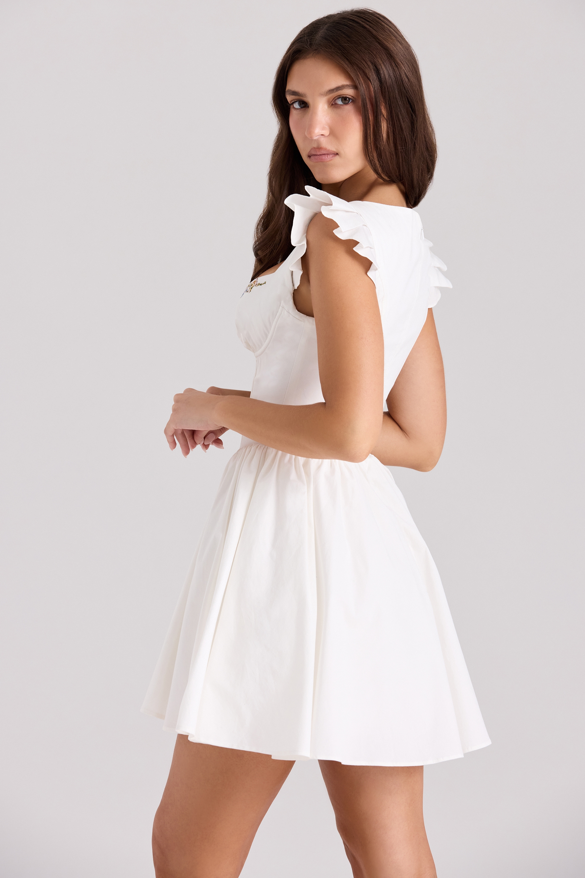 Sisi-White Cotton Embroidered Mini Dress