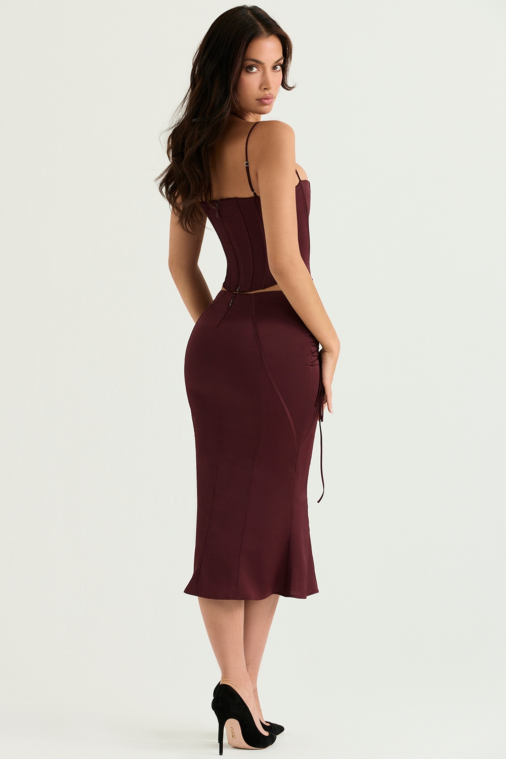 Sidonie-Wine Satin Lace Up Midi Skirt