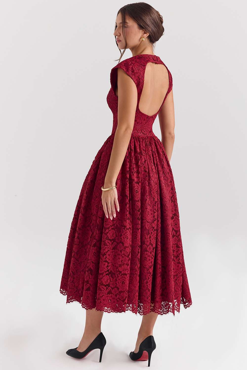 Debutante-Berry Lace Backless Midi Dress